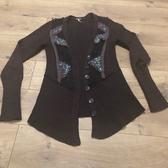 Free People Sweaters - Free people lace embellished brown cardigan sz M